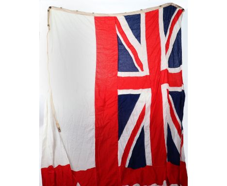 Very Large Royal Navy Battleship White Ensign, multipiece construction white cotton ensign with enforced edge having rope tie