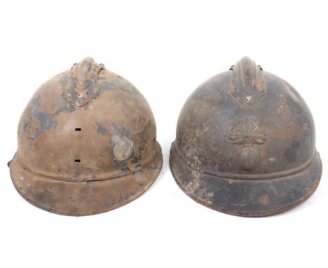 WW1 French Infantry Adrian Pattern Steel Helmet, retaining much of the original horizon blue paint finish and flaming grenade
