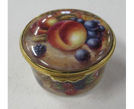 A Kingsley Enamel limited edition trinket pot, decorated with fruit to a mossy ground by N Creed