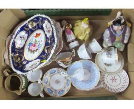 A collection of assorted porcelain to include 19th century cups and saucers, Derby dish, Royal Worcester figures, glass etc