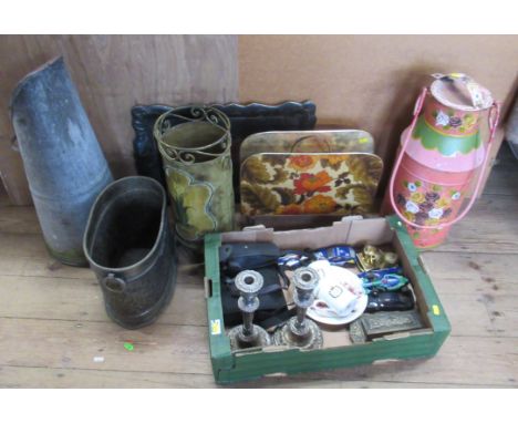 A box of assorted items to include brass inkwells, together with a painted milk churn, coal scuttle, tray etc