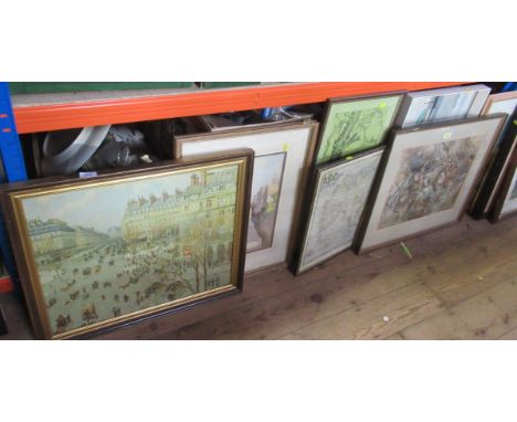 A collection of pictures including signed Mallet etching, watercolours, etc