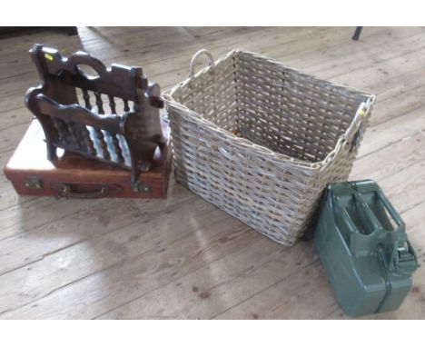 A Finnigans vintage leather suitcase, together with a log basket, petrol can, magazine rack etc