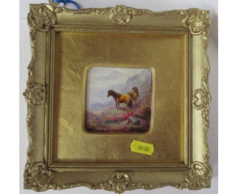 A Royal Worcester framed porcelain, decorated with two ponies in landscape by Johnson, 3ins x 3ins
