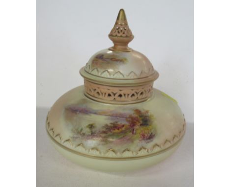 A Locke &amp; Co Worcester blush ivory pot pourri, decorated with a named view of Windemere by W Stinton, with cover and inne