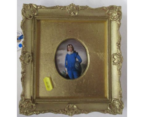 A Royal Worcester framed porcelain plaque, decorated with The Blue Boy after Gainsburgh, by W A Hawkins, diameter 3ins