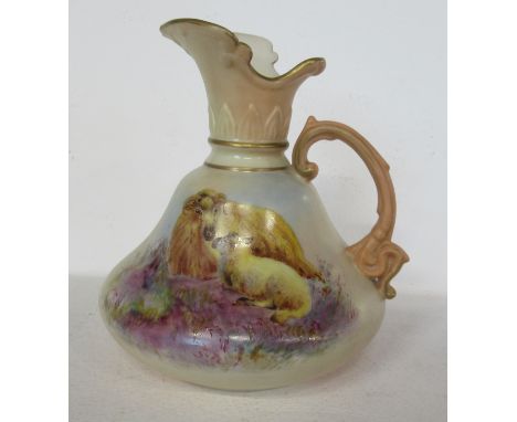 A Locke &amp; Co Worcester blush ivory ewer, decorated with recumbent sheep in landscape, height 5ins
