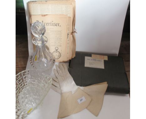 A collection of vintage newspapers, together with various posters, a pair of Antique ladies gloves etc