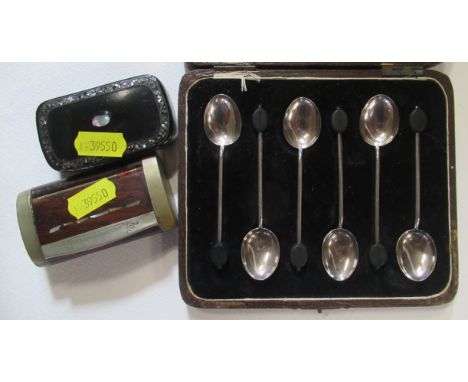 A cased set of six silver coffee bean spoons, together with a papier mache snuff box and another snuff box