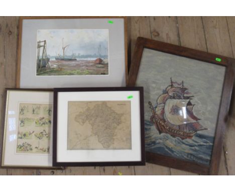 A P Bentall, watercolour, Mill River Orwell, 10ins x 14.5ins, together with a map of Radnor, an embroidered picture and a Rug