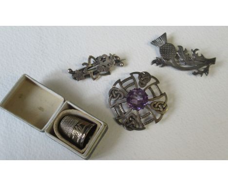 OLA GORIE, A silver thistle brooch, together with a silver Celtic brooch, set amethyst, a silver sweetheart brooch and a Char