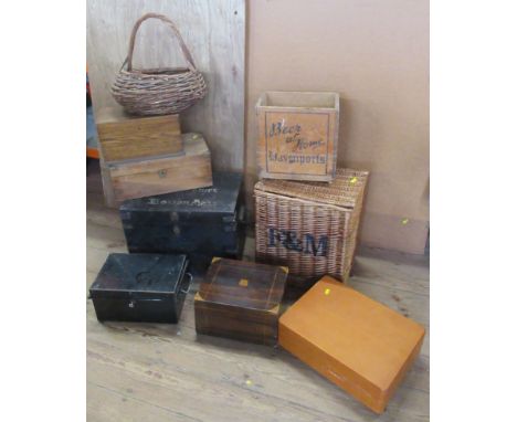 A collection of boxes, crates, baskets etc, to include Davenports Beer Crate and Fortnum and Masons basket