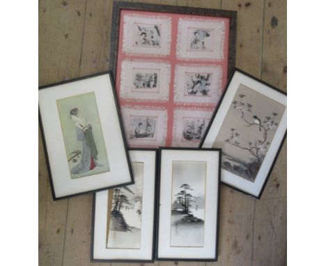 A set of silk Oriental prints on silk, framed as one, together with other prints