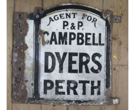 A double sided black and white enamel shop sign, Agent for P&amp;P Campbell Dyers Perth, 20ins x 22ins