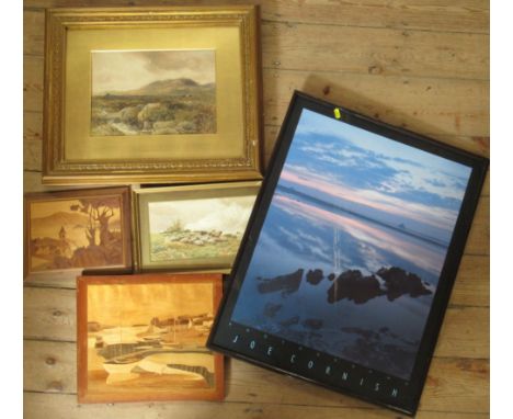 J Macpherson, watercolour, sheep in landscape, 6ins x 13.25ins, together with T Pune, watercolour, landscape, 9.25ins x 13ins