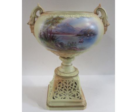 A Locke &amp; Co Worcester blush ivory pedestal vase, decorated with a view of Loch Vennnachar by W Stinton, on pierced base,