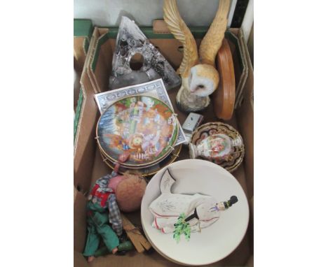 A box of decorative china, Shakespeare glass model, pelham puppet etc