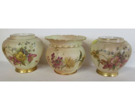 Three pieces of Royal Worcester blush ivory, all decorated with floral sprays, two shape number 1314 (lacking inner and outer