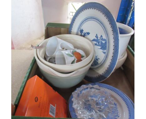 Five boxes of assorted sundries including glass, china, oil lamp, mantle clock, staffordshire part service, coloured glass et