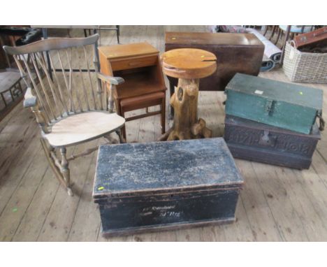 A collection of furniture, to include a drop leaf table, rocking chair, yew plant stand, three wooden tool boxes etc