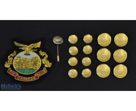 Carnegie Golf Club Blazer Badge Buttons and Silver Tie Pin, a blazer badge finished in gold tread, a selection of button made