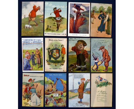 Interesting selection of Golf Humour Coloured Postcards (12) to include Reliable Series; Comic Series No 3330; Valentine &amp