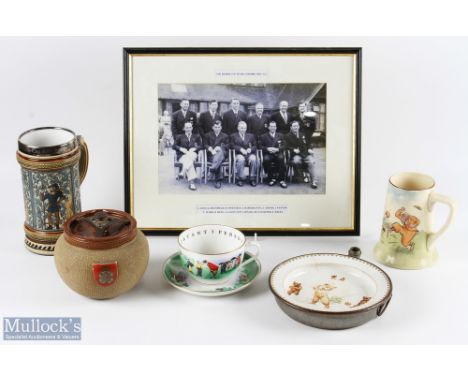 Golf Ceramic Collectables to include RN golf club Balls patent tobacco jar (repairs to lid) Sporting Teddy bears heated feede