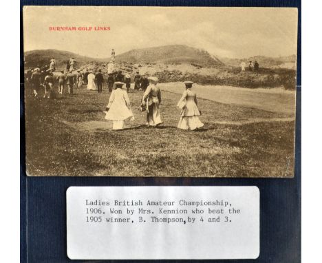 1906 Ladies Amateur Golf Championship b&amp;w postcard - showing a gathering of ladies and other spectators following the mat