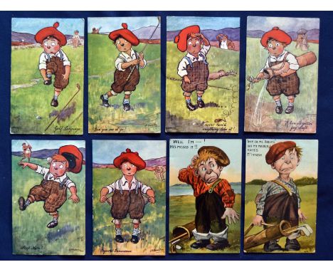 Interesting collection of early 20th century comic humour golfing coloured postcards (8) to include 6x "Our Caddy" series by 