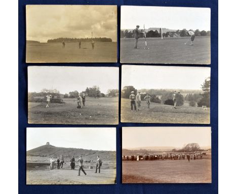 Interesting collection of golfers playing postcards (6) to include a large gallery watching on with vintage vehicles in the b