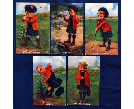 Interesting set of Young Scottish Golfer amusing titled coloured Golfing Postcards from the early 1900s (5) all with appropri