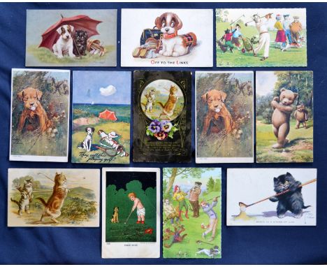 Interesting collection of various early Humorous, Sketches, Animals, and Celebrations coloured Golfing Postcards (12) from th