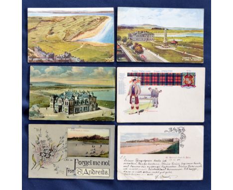 Interesting collection of St Andrews golf links, Tom Morris and other coloured golf -related postcards (6) to include The Cla