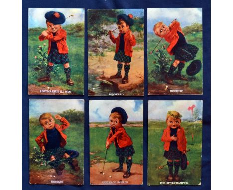 Interesting set of Young Scottish Golfer amusing titled coloured Golfing Postcards from the early 1900s (6) all with appropri