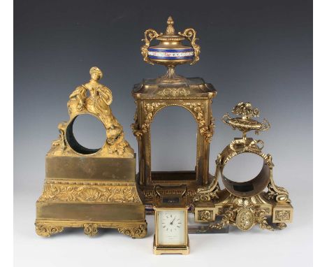 A late 19th century French gilt spelter and Sèvres style porcelain mantel clock case, height 48cm, together with a 19th centu