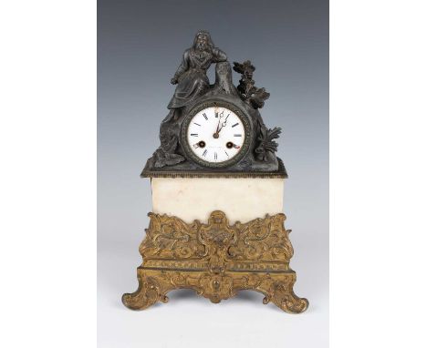 A mid to late 19th century French spelter and alabaster mantel clock, the eight day movement with silk suspension, striking o