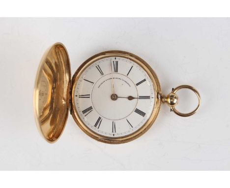 An 18ct gold hunting cased keywind fob watch, the gilt three-quarter plate movement detailed 'Douglas R. Samuel Liverpool No.