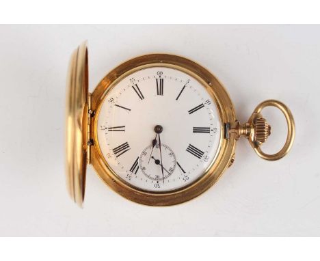 A Swiss gold half hunting cased keyless wind gentleman's pocket watch with unsigned gilt jewelled lever movement, the inner c