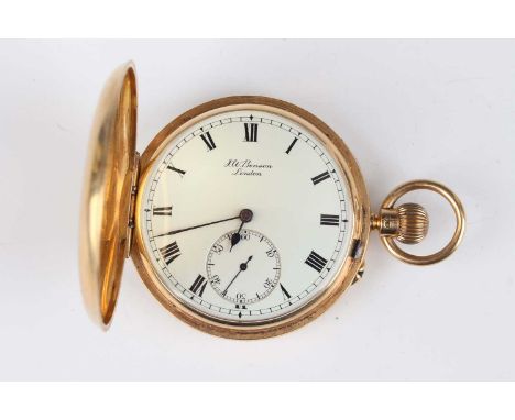 A J.W. Benson 18ct gold half hunting cased keyless wind gentleman's pocket watch, the signed gilt jewelled three-quarter plat