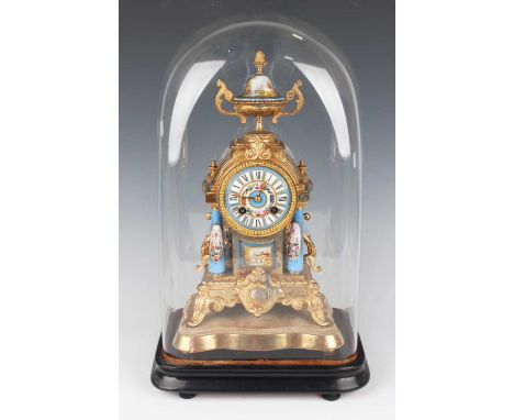 A late 19th century French gilt spelter and Sèvres style porcelain mantel clock with eight day movement striking on a bell, t