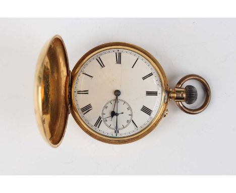 A late Victorian 18ct gold hunting cased keyless wind gentleman's pocket watch, the gilt three-quarter plate movement detaile