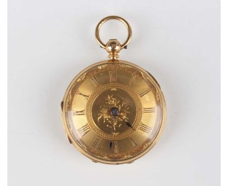 An 18ct gold cased keywind open-faced fob watch, the gilt fusee movement detailed 'Jones London, No. 63288', the gilt dial wi