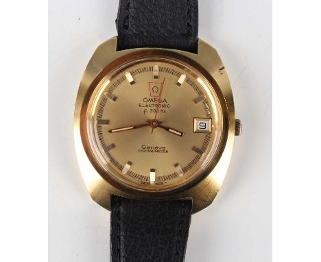 An Omega Electronic F 300 Hz chronometer gilt metal fronted and steel backed gentleman's wristwatch, circa 1972, the signed 1
