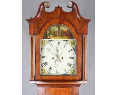 A 19th century mahogany longcase clock with eight day movement striking on a bell, the 13-inch painted breakarch dial with Ro