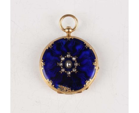 A gold, diamond set and blue enamelled hunting cased keywind lady’s fob watch with unsigned gilt cylinder movement, the gold 