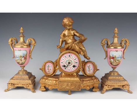 A late 19th century French gilt spelter and Sèvres style porcelain mantel clock with eight day movement striking on a bell, t