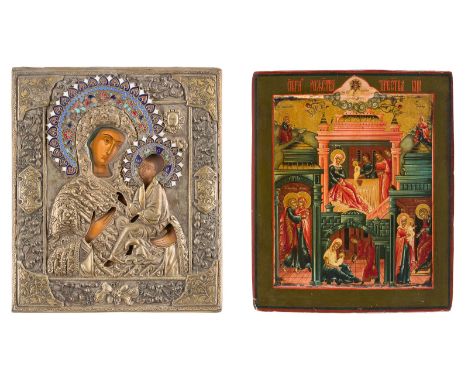 TWO ICONS SHOWING THE NATIVITY OF THE MOTHER OF GOD AND THE TIKHVINSKAYA MOTHER OF GOD 2nd half 20th century Tempera/oil on w