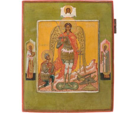 A VERY RARE ICON SHOWING THE ARCHANGEL MICHAEL AND JOSHUA, SON OF NUN Russian, Palekh, 19th century Tempera on wood panel wit