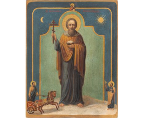 AN ICON SHOWING ST. KONAN Russian, 19th/20th century Oil on wood panel. Overpainted. 30.1 x 23.8 cm.     IKONE MIT DEM HEILIG