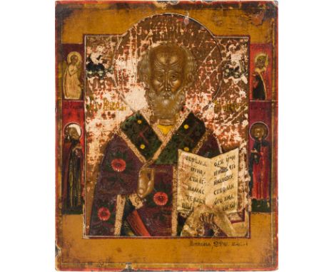 A DATED ICON SHOWING ST. NICHOLAS OF MYRA Russian, dated 1846 Tempera on wood panel. Executed on a gold ground. Four selected